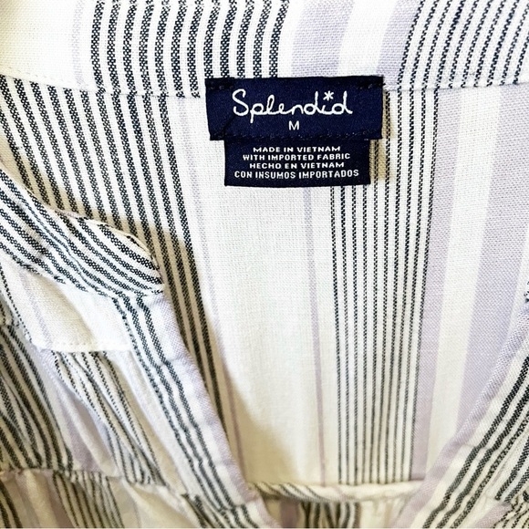 Splendid Linen Blend Top Women's Size M White Striped V-Neck 3/4 Sleeve Shirred - Picture 6 of 10